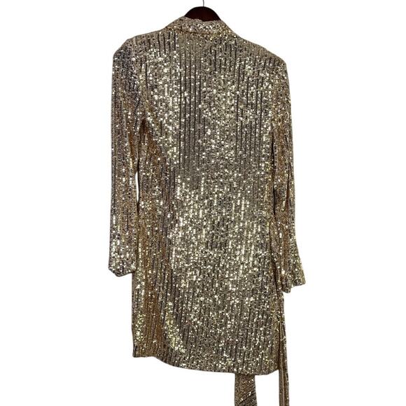 Zara Gold Sequin Wrap Tie Long Sleeve Tunic Mini Stretch Dress V Neck XS Gold - Picture 9 of 16